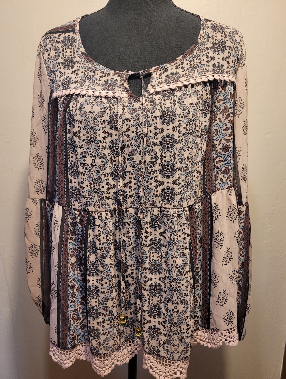 Knox Rose Boho Patchwork Blouse Purple Paisley Medium Semi Sheer - Picture 2 of 7